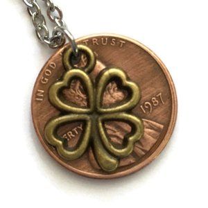 🍀 1980-1989 Lucky Penny Necklace 4 Leaf Clover 🍀 Stainless Steel Coin Unisex
